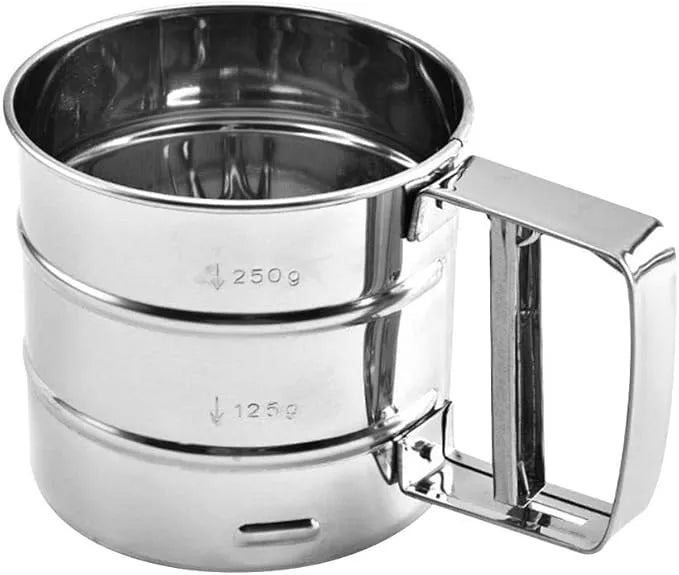 Durable Food Grade Rust-Resistant Flour Strainer Sifter, Semi-Automatic Handheld Icing Sugar Strainer Cup, 250ML Capacity, Multi-Functional Stainless Steel Baking Tool for Home Kitchen
