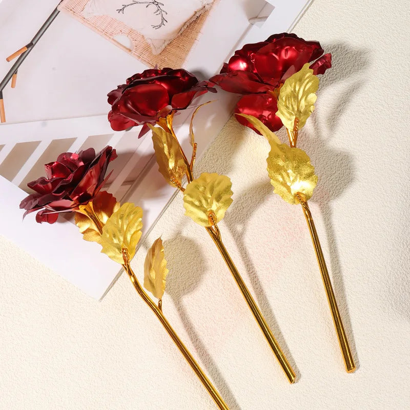 Valentine's Day Creative Gift 24K Foil Plated Rose Red Gold Rose Last Forever Love Wedding Decoration Mother's Day Birthday Gift