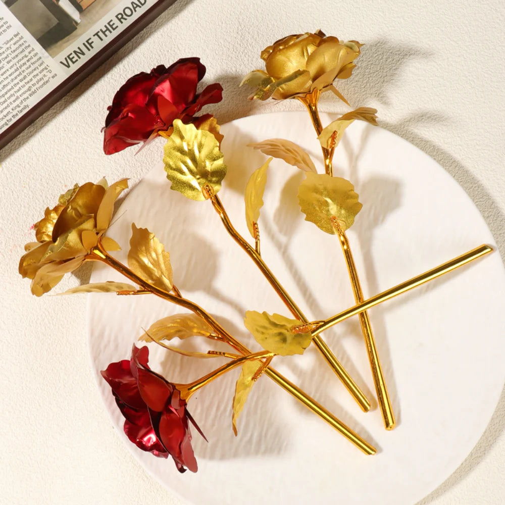 Valentine's Day Creative Gift 24K Foil Plated Rose Red Gold Rose Last Forever Love Wedding Decoration Mother's Day Birthday Gift