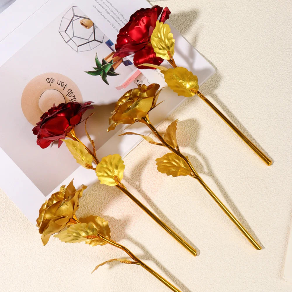 Valentine's Day Creative Gift 24K Foil Plated Rose Red Gold Rose Last Forever Love Wedding Decoration Mother's Day Birthday Gift